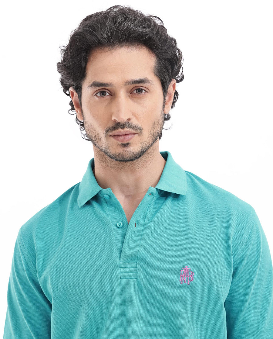Rare Rabbit Men's Paret-Bright Aqua Cotton Embroidered Regular Fit Half Sleeve Polo