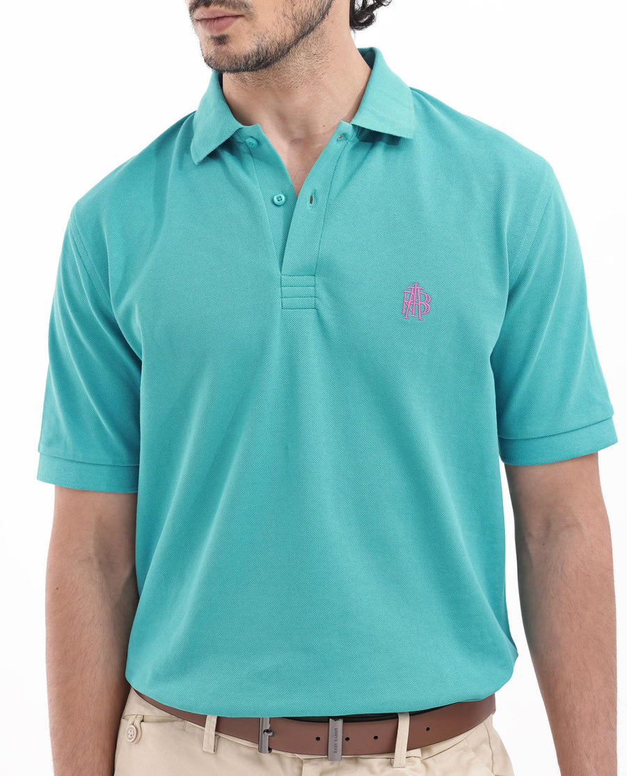 Rare Rabbit Men's Paret-Bright Aqua Cotton Embroidered Regular Fit Half Sleeve Polo