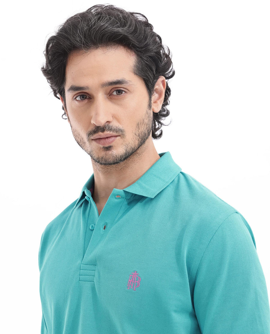 Rare Rabbit Men's Paret-Bright Aqua Cotton Embroidered Regular Fit Half Sleeve Polo