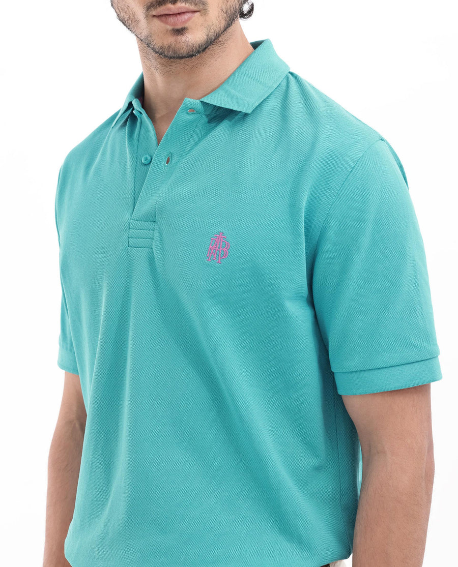 Rare Rabbit Men's Paret-Bright Aqua Cotton Embroidered Regular Fit Half Sleeve Polo