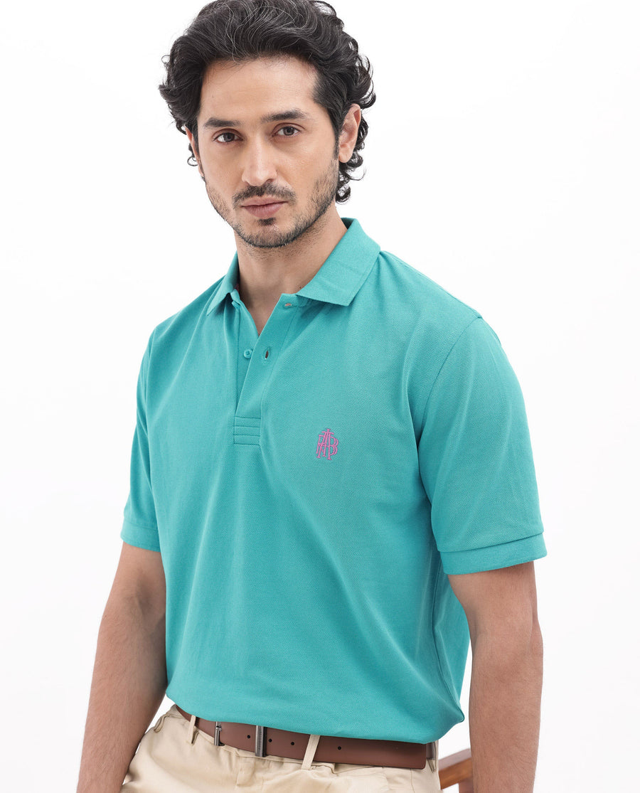 Rare Rabbit Men's Paret-Bright Aqua Cotton Embroidered Regular Fit Half Sleeve Polo