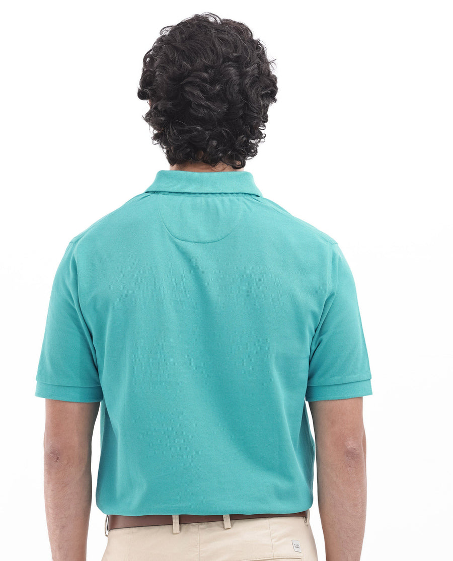 Rare Rabbit Men's Paret-Bright Aqua Cotton Embroidered Regular Fit Half Sleeve Polo