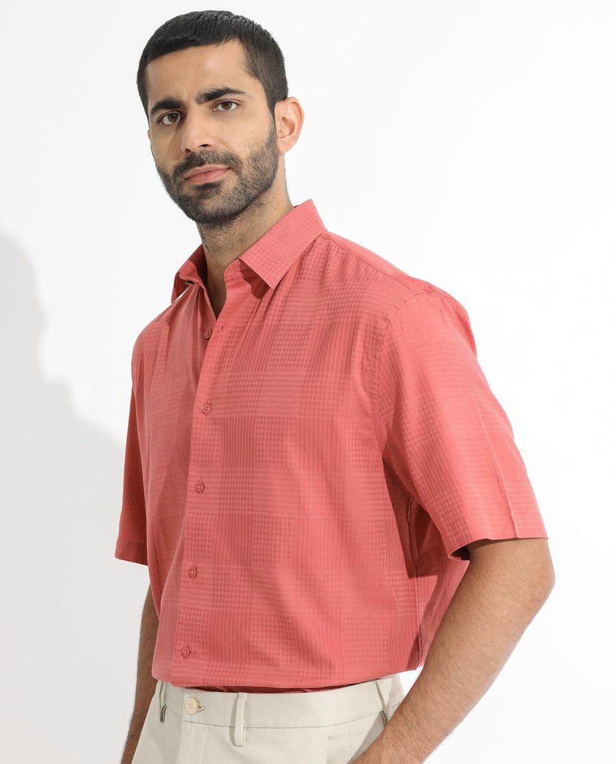 Rare Rabbit Men's Pied Rust Cotton Checked Print Regular Fit Half Sleeve Collared Shirt