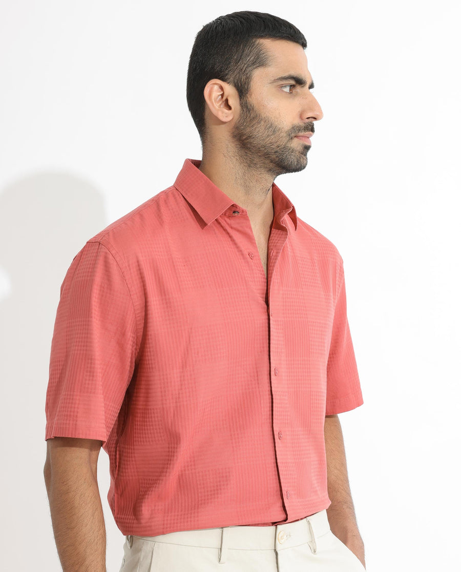Rare Rabbit Men's Pied Rust Cotton Checked Print Regular Fit Half Sleeve Collared Shirt