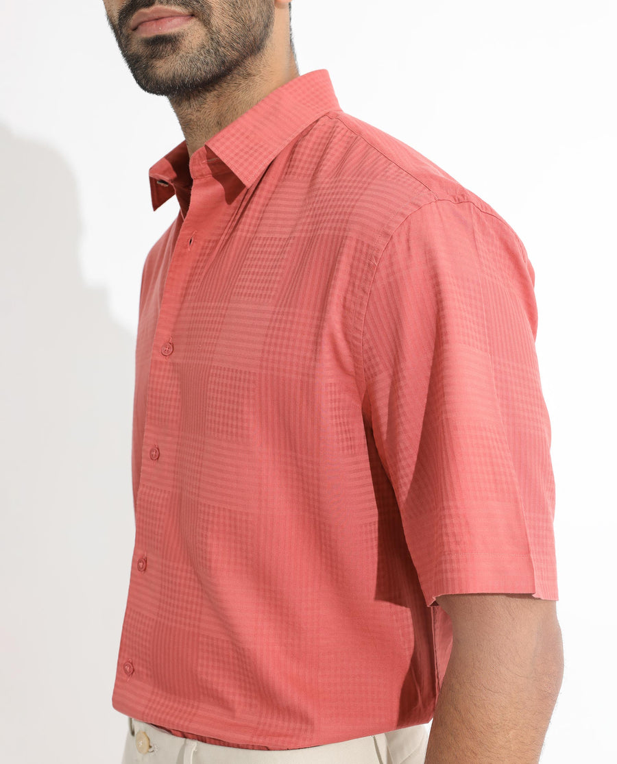Rare Rabbit Men's Pied Rust Cotton Checked Print Regular Fit Half Sleeve Collared Shirt