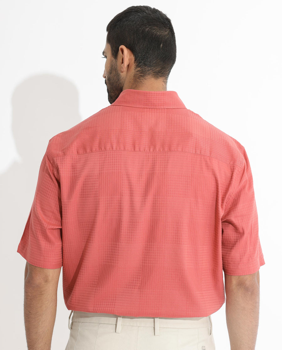 Rare Rabbit Men's Pied Rust Cotton Checked Print Regular Fit Half Sleeve Collared Shirt