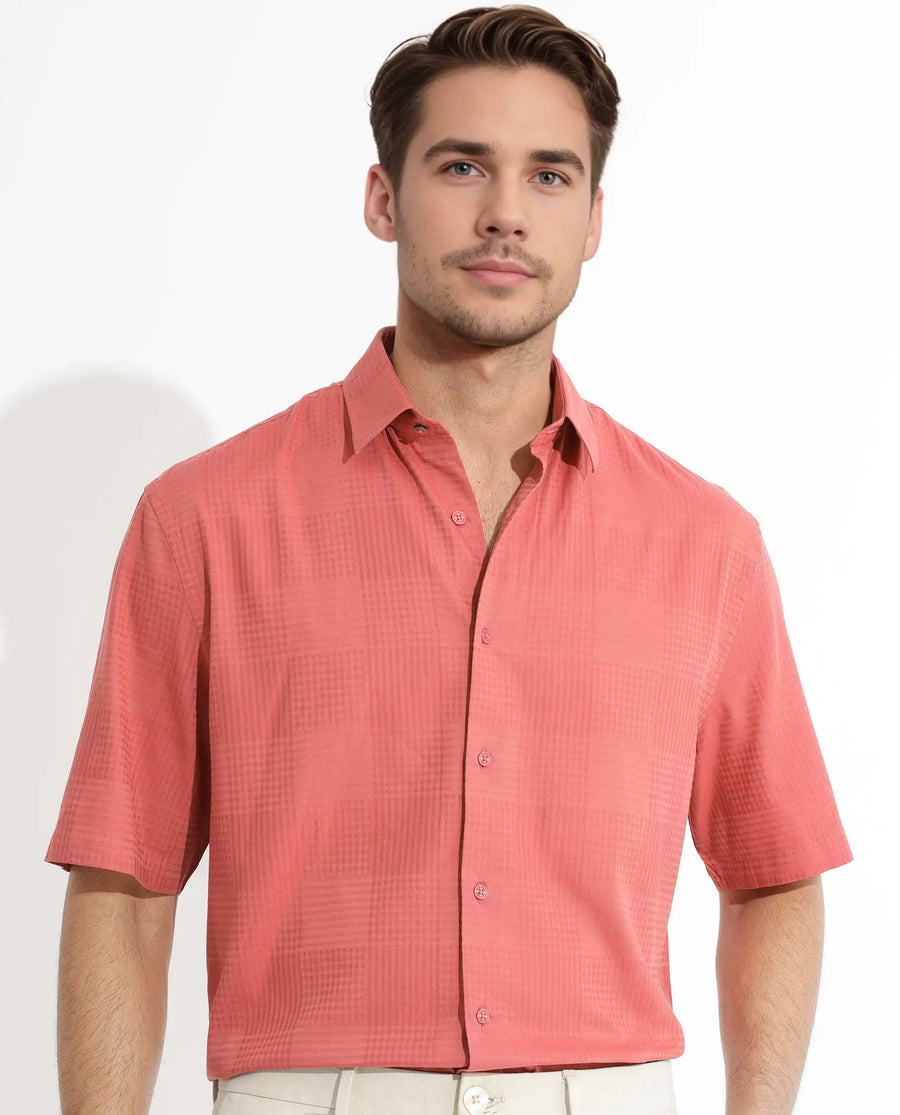 Rare Rabbit Men's Pied Rust Cotton Checked Print Regular Fit Half Sleeve Collared Shirt