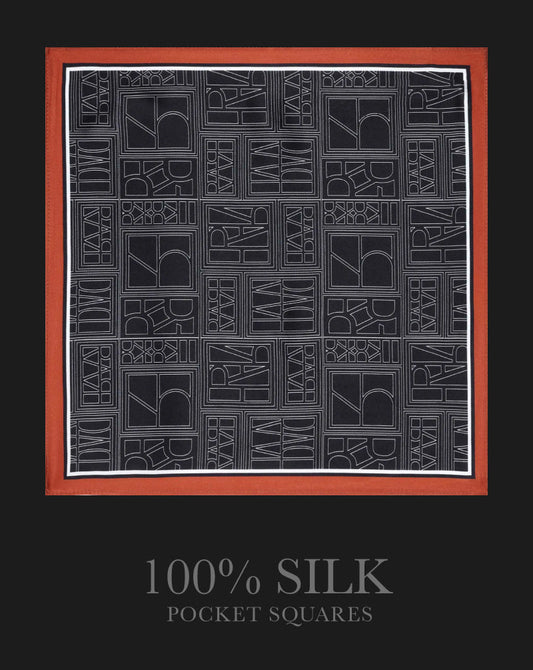 Rare Rabbit Men's Noaa Black Silk Fabric Monogram Print Pocket Square