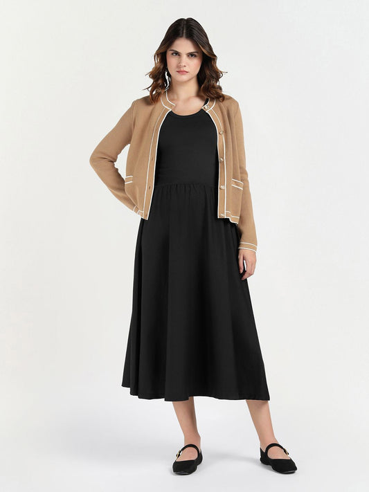 GANT Women Solid Round Neck A-Line Midi Dress