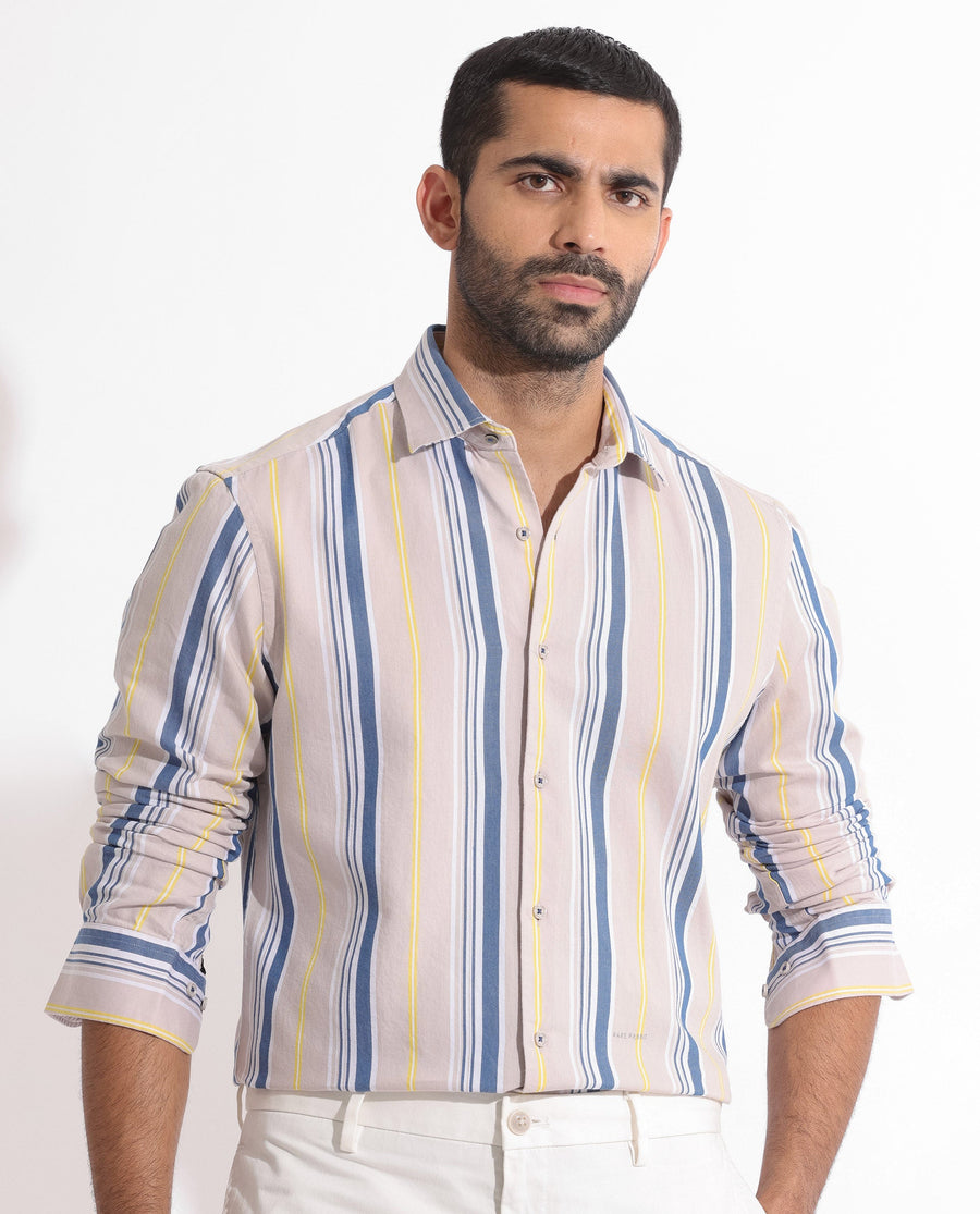 Rare Rabbit Men's Purit Dusky Brown Cotton Striped Print Regular Fit Full Sleeve Collared Shirt