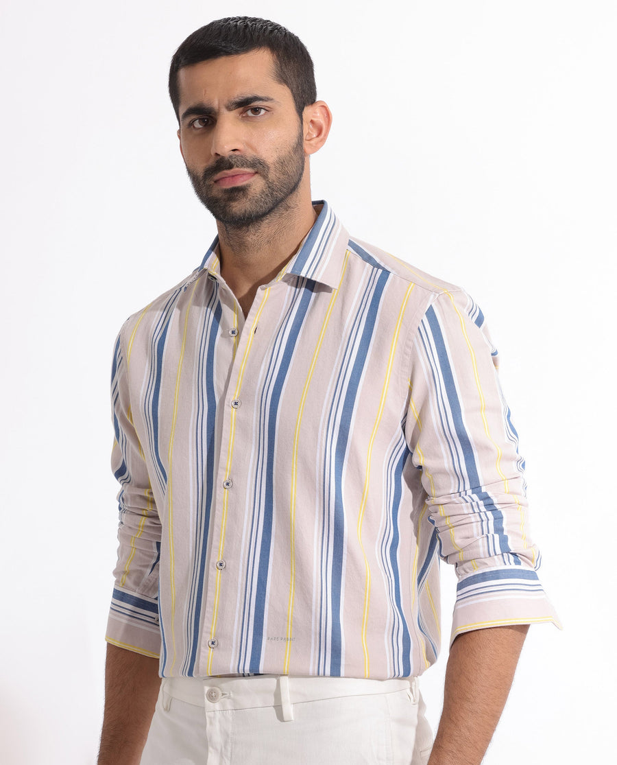 Rare Rabbit Men's Purit Dusky Brown Cotton Striped Print Regular Fit Full Sleeve Collared Shirt