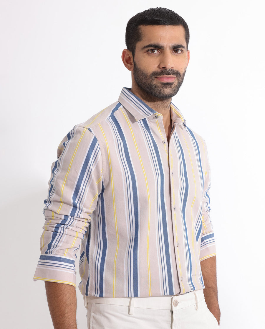 Rare Rabbit Men's Purit Dusky Brown Cotton Striped Print Regular Fit Full Sleeve Collared Shirt