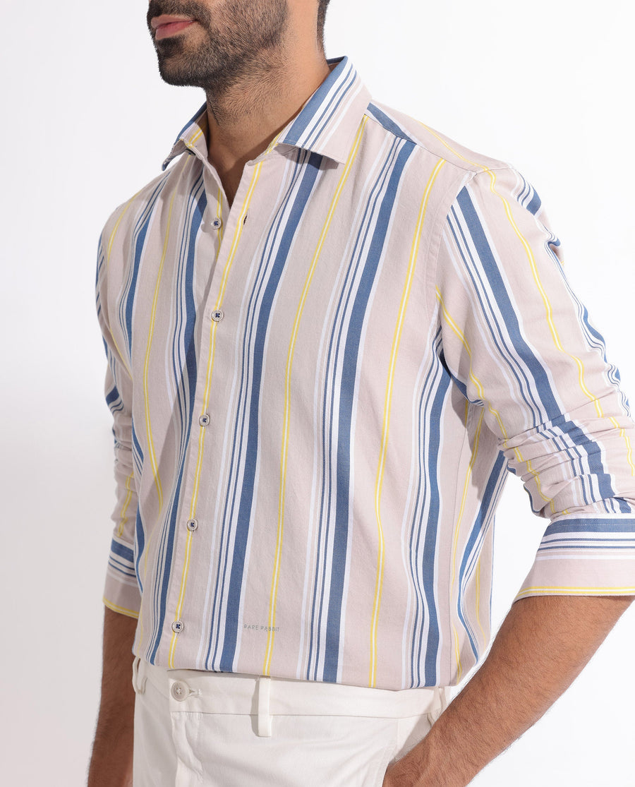 Rare Rabbit Men's Purit Dusky Brown Cotton Striped Print Regular Fit Full Sleeve Collared Shirt