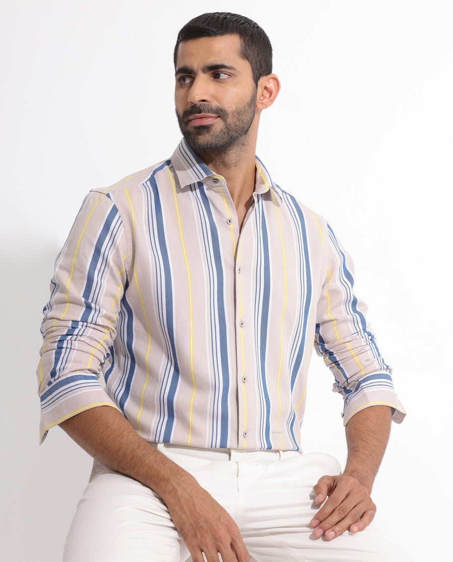 Rare Rabbit Men's Purit Dusky Brown Cotton Striped Print Regular Fit Full Sleeve Collared Shirt