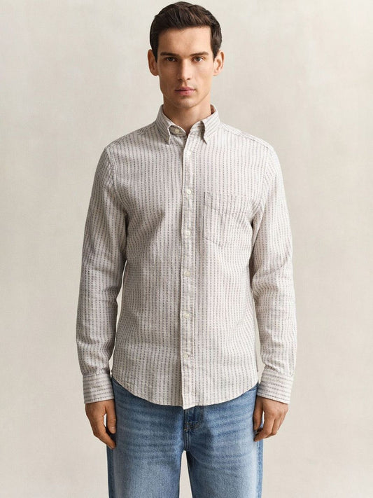 Gant Men Beige Striped Regular Fit Cotton Linen Shirt