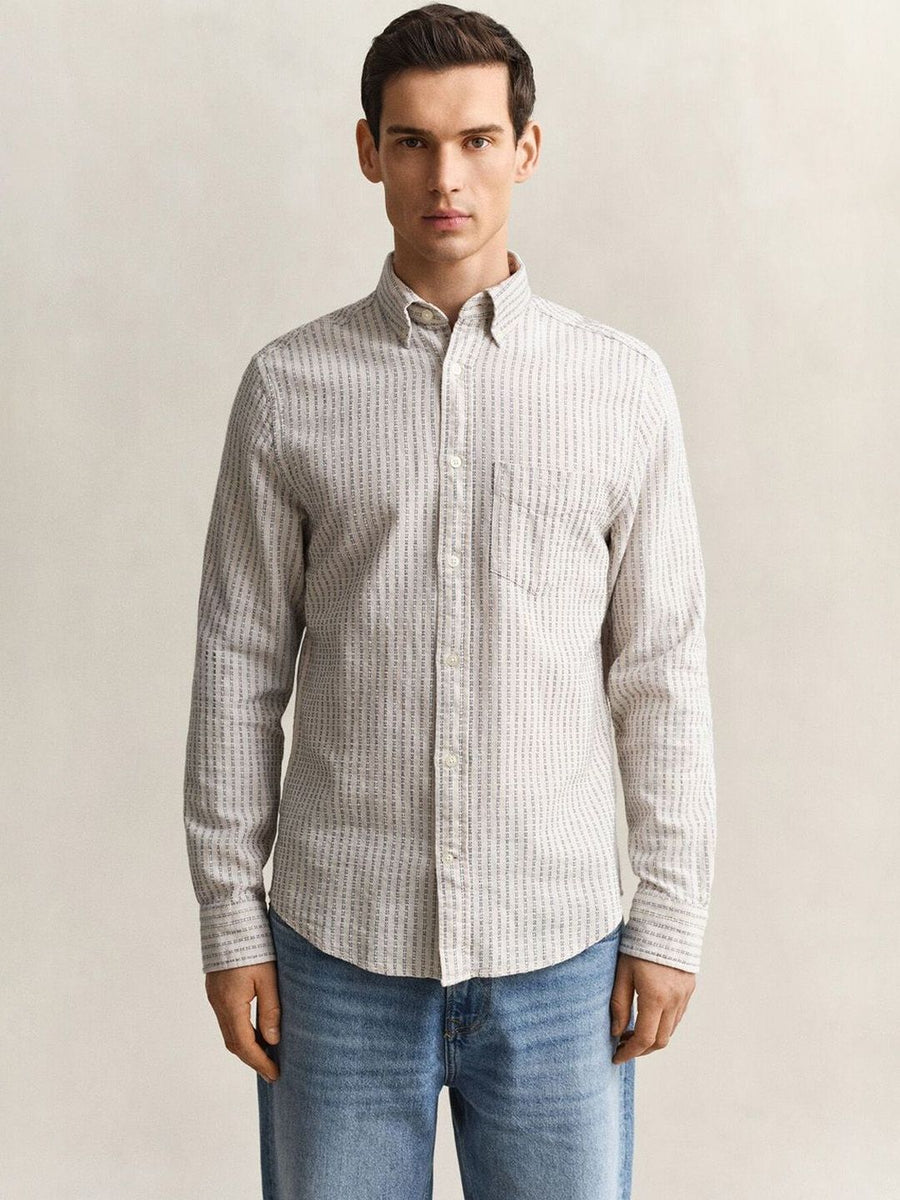 Gant Men Beige Striped Regular Fit Cotton Linen Shirt