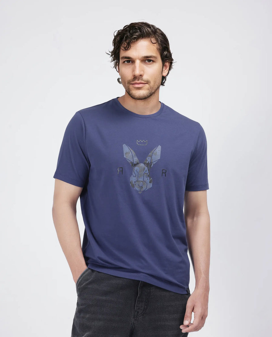 Rare Rabbit Men's Qaz Dark Blue Cotton Blend Graphic Print Regular Fit Half Sleeve Crew Neck T-Shirt