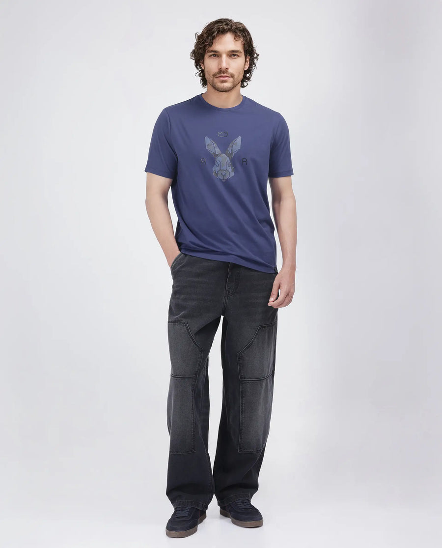Rare Rabbit Men's Qaz Dark Blue Cotton Blend Graphic Print Regular Fit Half Sleeve Crew Neck T-Shirt
