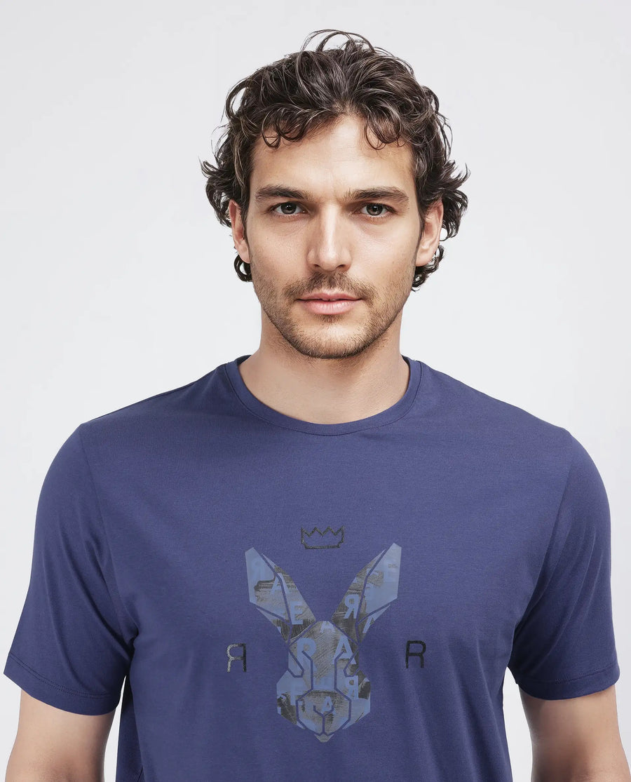 Rare Rabbit Men's Qaz Dark Blue Cotton Blend Graphic Print Regular Fit Half Sleeve Crew Neck T-Shirt