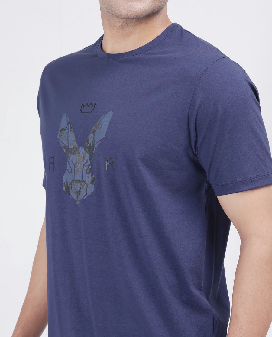 Rare Rabbit Men's Qaz Dark Blue Cotton Blend Graphic Print Regular Fit Half Sleeve Crew Neck T-Shirt