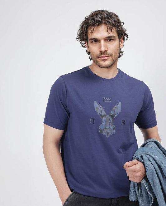 Rare Rabbit Men's Qaz Dark Blue Cotton Blend Graphic Print Regular Fit Half Sleeve Crew Neck T-Shirt