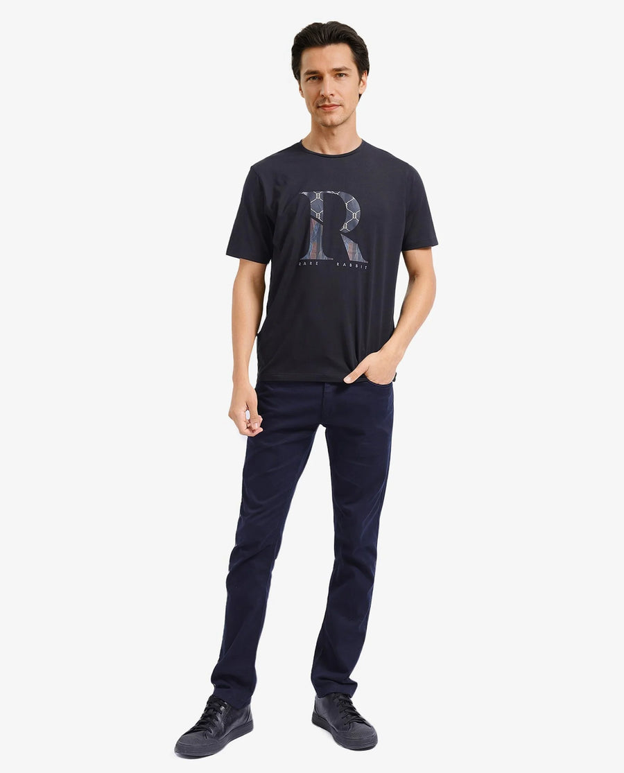 Rare Rabbit Men's Qeat Black Graphic Print Regular Fit Half Sleeve Crew Neck T-Shirt
