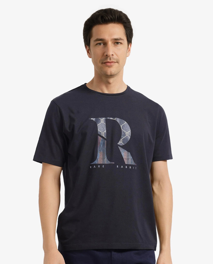 Rare Rabbit Men's Qeat Black Graphic Print Regular Fit Half Sleeve Crew Neck T-Shirt