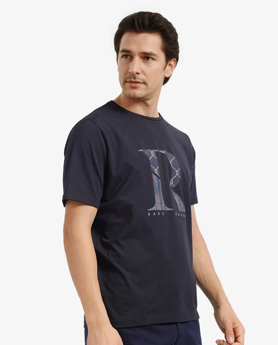 Rare Rabbit Men's Qeat Black Graphic Print Regular Fit Half Sleeve Crew Neck T-Shirt
