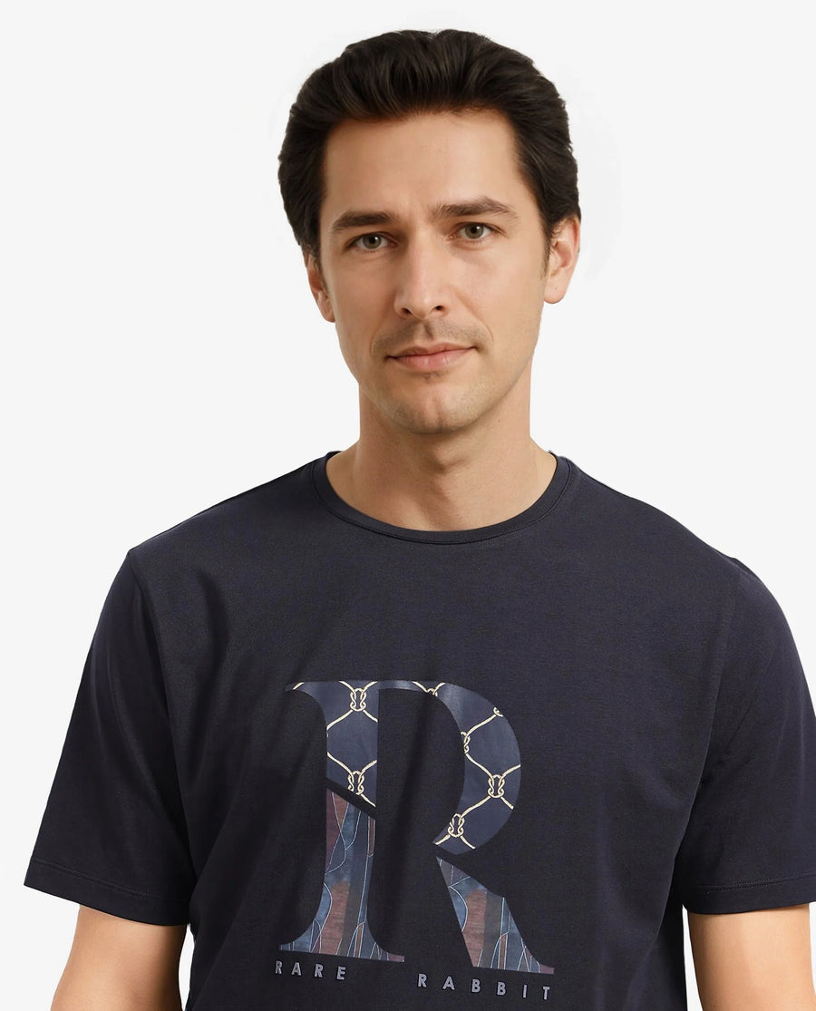 Rare Rabbit Men's Qeat Black Graphic Print Regular Fit Half Sleeve Crew Neck T-Shirt