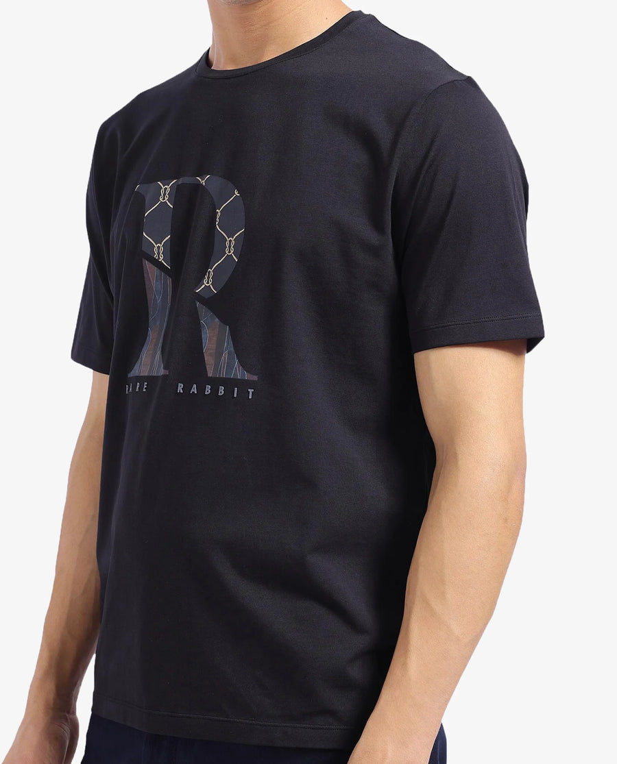 Rare Rabbit Men's Qeat Black Graphic Print Regular Fit Half Sleeve Crew Neck T-Shirt