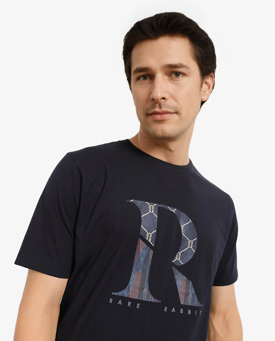 Rare Rabbit Men's Qeat Black Graphic Print Regular Fit Half Sleeve Crew Neck T-Shirt