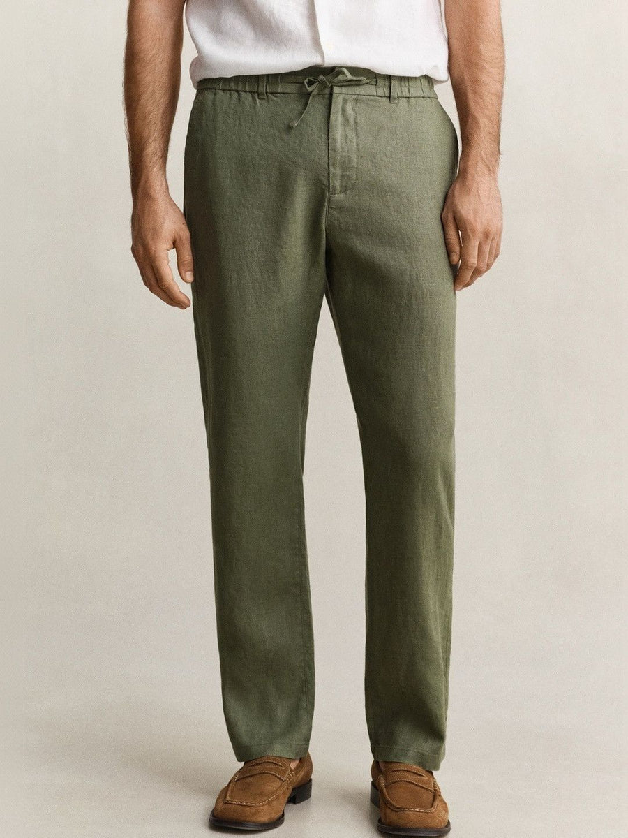 Gant Men Green Solid Regular Fit Pure Linen Trouser