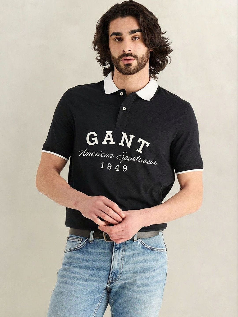 Gant Men Black Printed Regular Fit Pure Cotton Polo T-Shirt