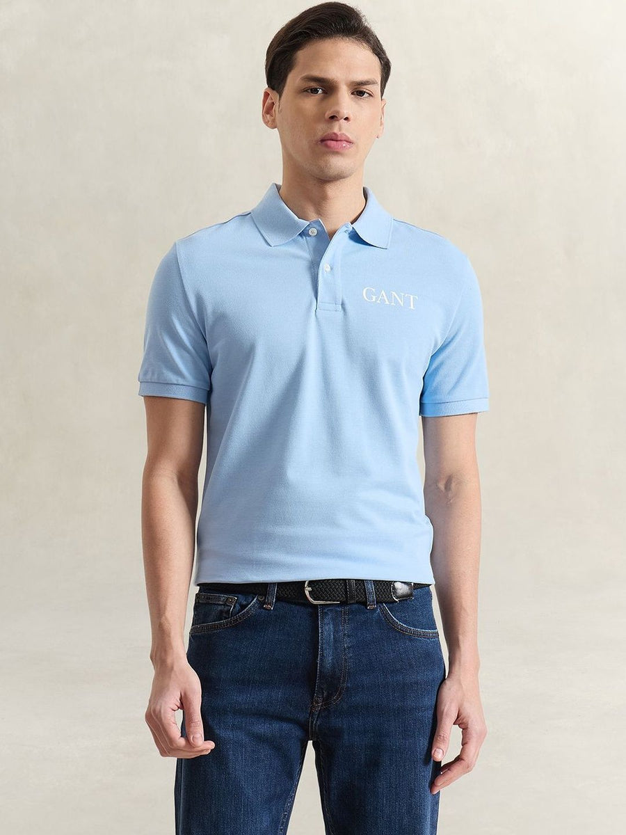 Gant Men Blue Solid Regular Fit Pure Cotton Polo T-Shirt