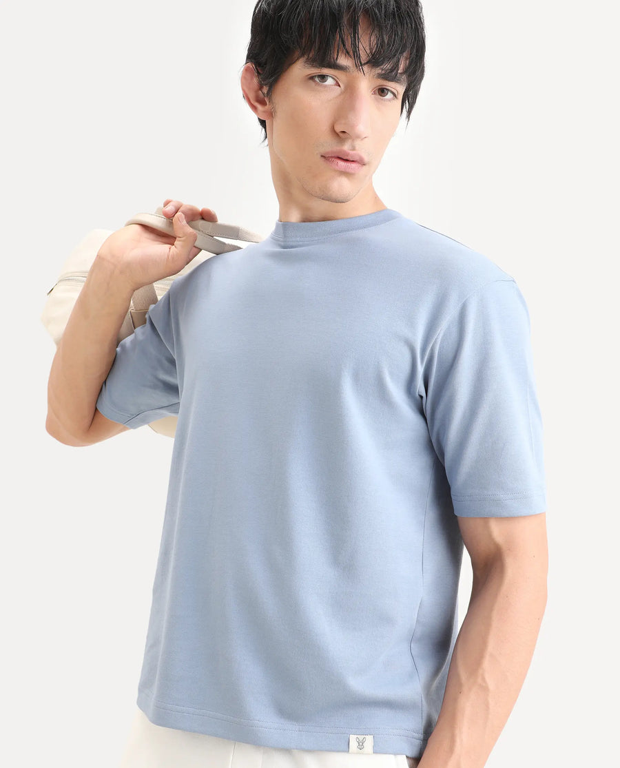Rare Rabbit Men's Qlo-S26 Dusky Blue Cotton Blend Fabric Half Sleeve Crew Neck Oversize Plain T-Shirt