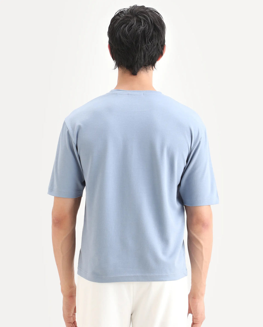 Rare Rabbit Men's Qlo-S26 Dusky Blue Cotton Blend Fabric Half Sleeve Crew Neck Oversize Plain T-Shirt