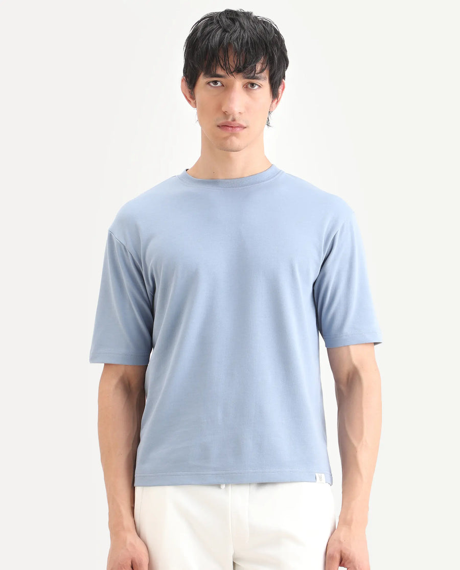 Rare Rabbit Men's Qlo-S26 Dusky Blue Cotton Blend Fabric Half Sleeve Crew Neck Oversize Plain T-Shirt