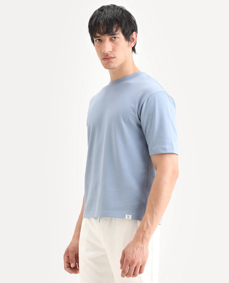 Rare Rabbit Men's Qlo-S26 Dusky Blue Cotton Blend Fabric Half Sleeve Crew Neck Oversize Plain T-Shirt
