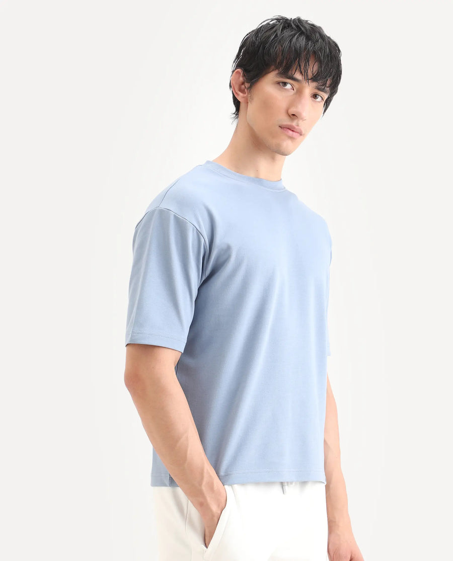 Rare Rabbit Men's Qlo-S26 Dusky Blue Cotton Blend Fabric Half Sleeve Crew Neck Oversize Plain T-Shirt