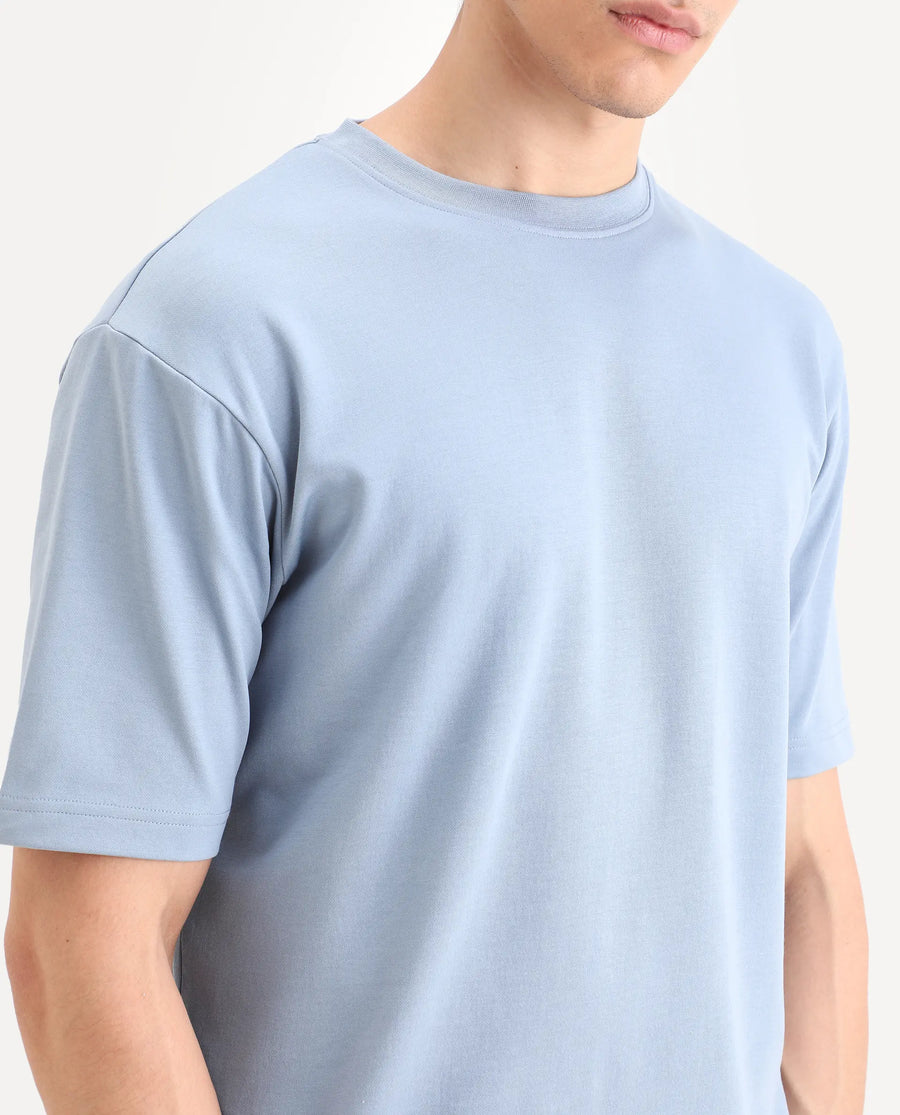 Rare Rabbit Men's Qlo-S26 Dusky Blue Cotton Blend Fabric Half Sleeve Crew Neck Oversize Plain T-Shirt