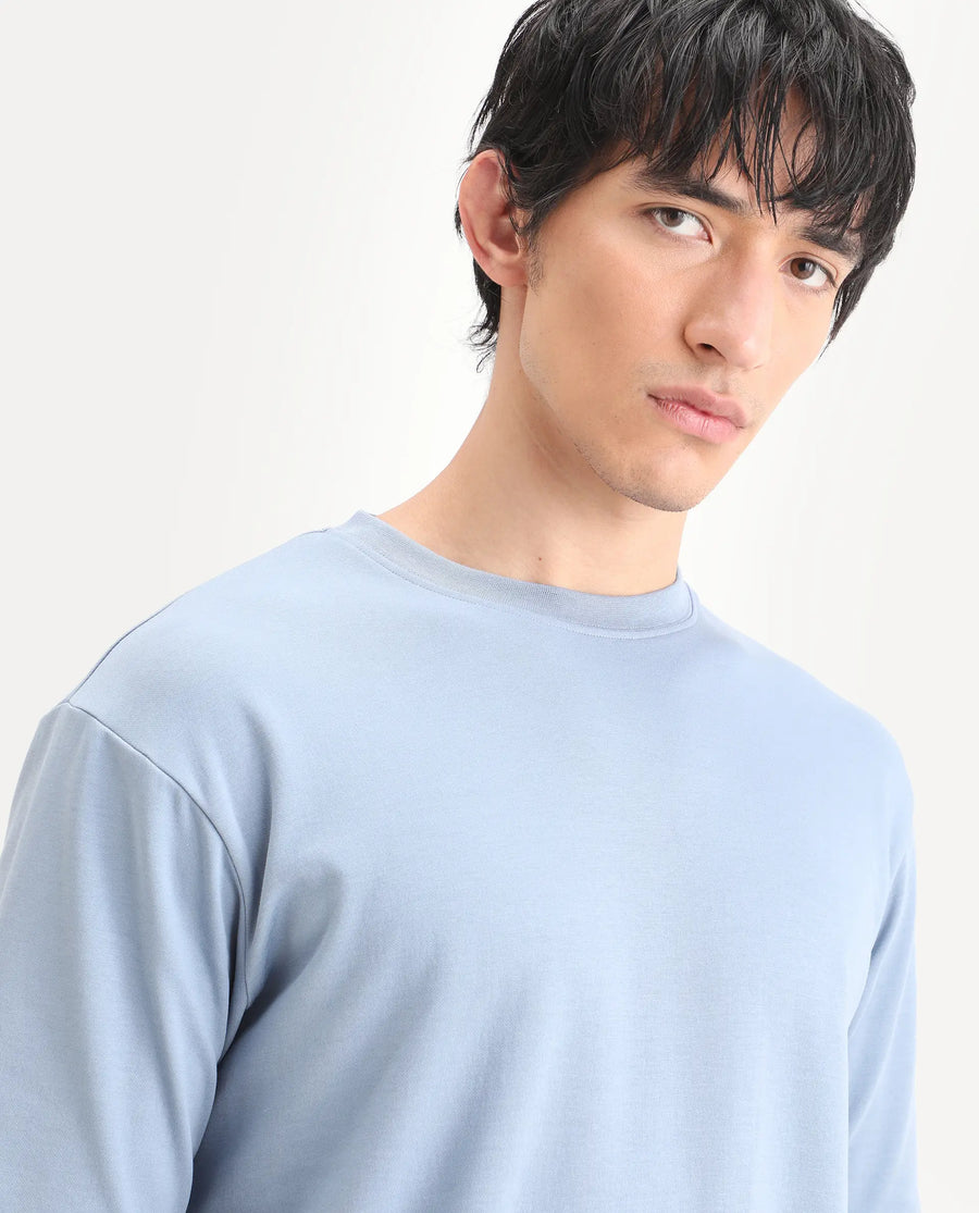 Rare Rabbit Men's Qlo-S26 Dusky Blue Cotton Blend Fabric Half Sleeve Crew Neck Oversize Plain T-Shirt