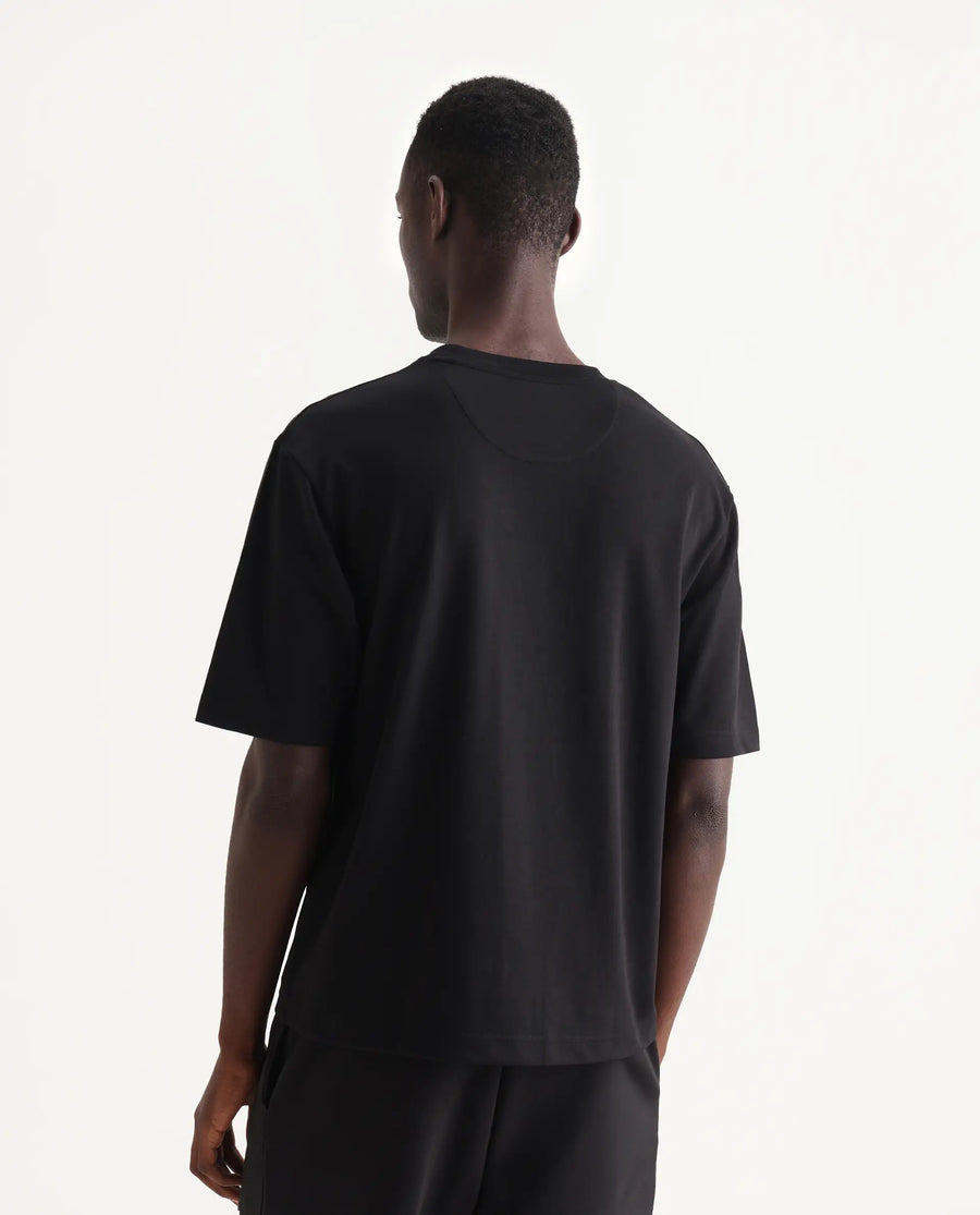 Rare Rabbit Men's Qlo Black Cotton Blend Plain Oversized Fit Half Sleeve Crew Neck T-Shirt