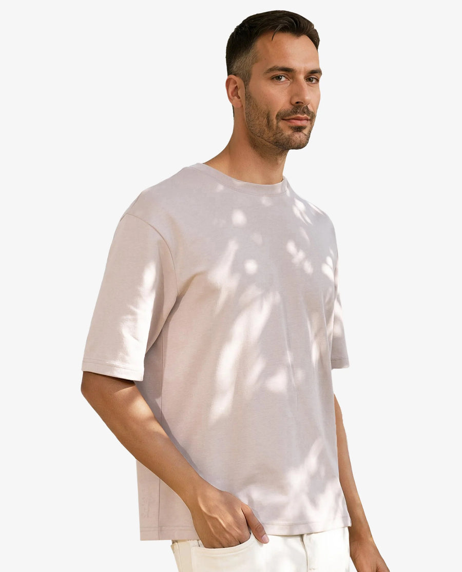 Rare Rabbit Men's Qlo Dusky Pink Cotton Blend Plain Oversized Fit Half Sleeve Crew Neck T-Shirt