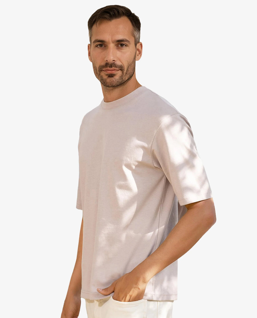 Rare Rabbit Men's Qlo Dusky Pink Cotton Blend Plain Oversized Fit Half Sleeve Crew Neck T-Shirt