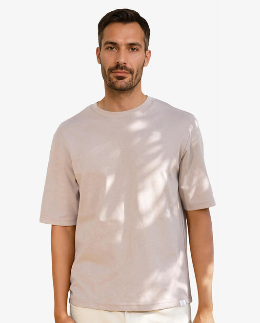 Rare Rabbit Men's Qlo Dusky Pink Cotton Blend Plain Oversized Fit Half Sleeve Crew Neck T-Shirt