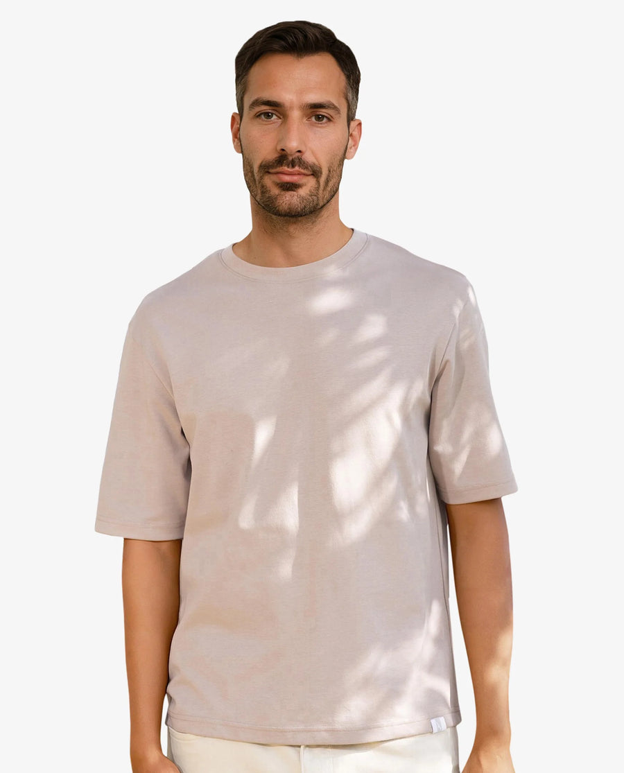 Rare Rabbit Men's Qlo Dusky Pink Cotton Blend Plain Oversized Fit Half Sleeve Crew Neck T-Shirt