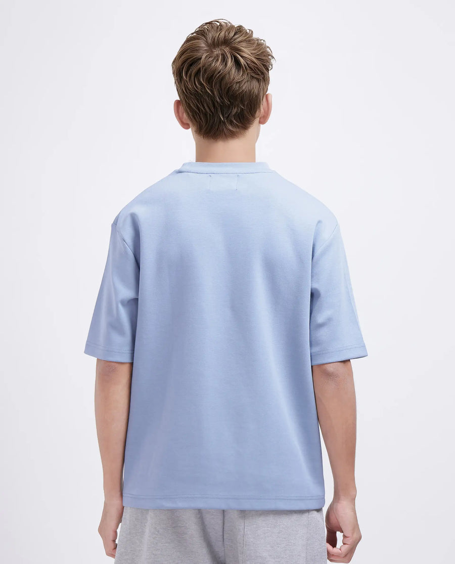 Rare Rabbit Men's Qlos Dusky Blue Cotton Blend Plain Boxy Fit Half Sleeve Crew Neck T-Shirt