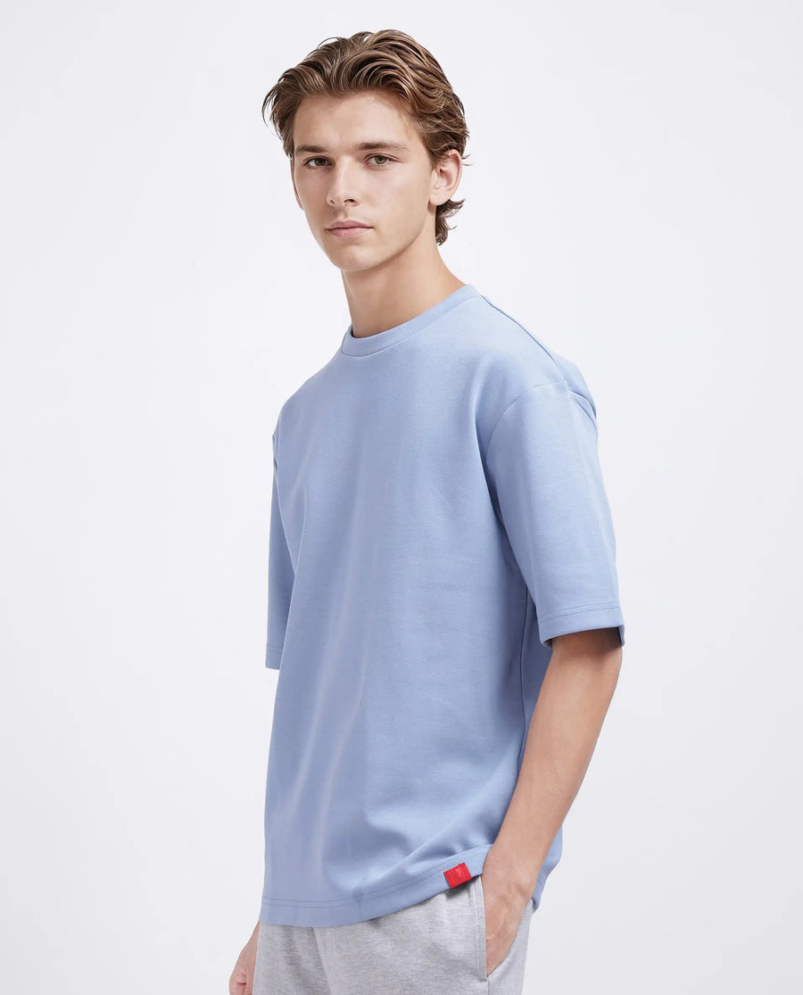 Rare Rabbit Men's Qlos Dusky Blue Cotton Blend Plain Boxy Fit Half Sleeve Crew Neck T-Shirt