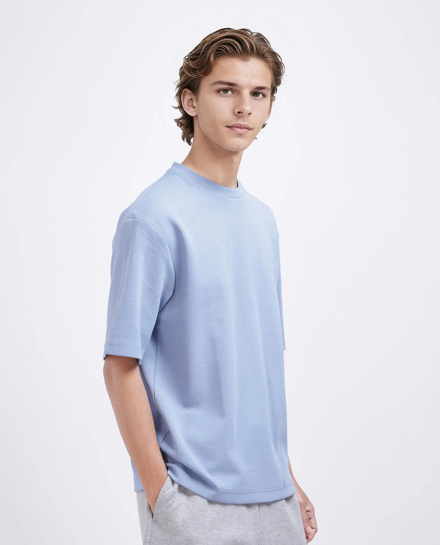 Rare Rabbit Men's Qlos Dusky Blue Cotton Blend Plain Boxy Fit Half Sleeve Crew Neck T-Shirt