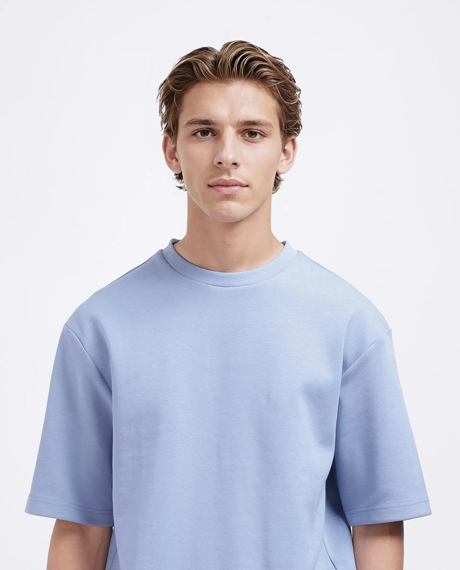 Rare Rabbit Men's Qlos Dusky Blue Cotton Blend Plain Boxy Fit Half Sleeve Crew Neck T-Shirt
